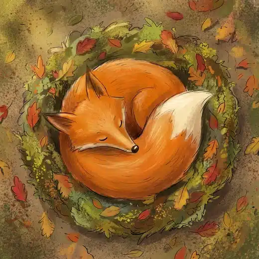 Sleepy Fox ligt opgerold in een nest van herfstbladeren