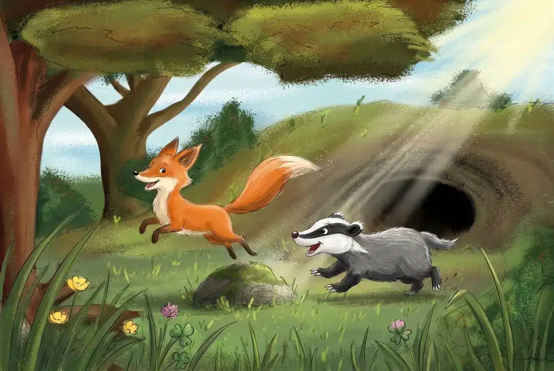 Sleepy Fox en Das rennen samen door het gras bij de Dassenburght