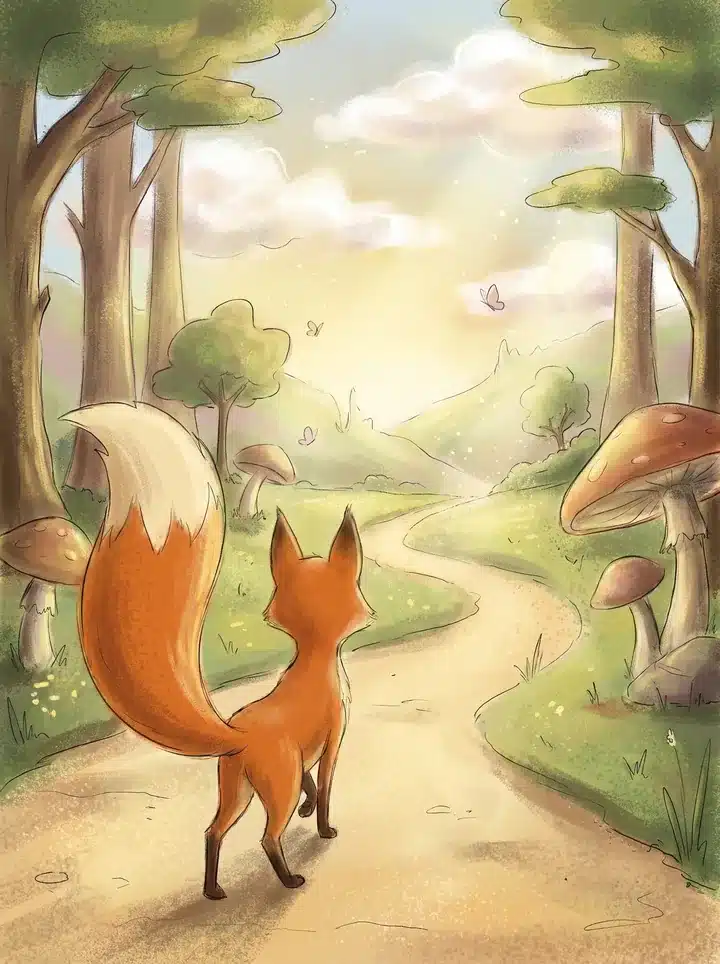 Sleepy Fox loopt over een zonnig bospad het avontuur tegemoet