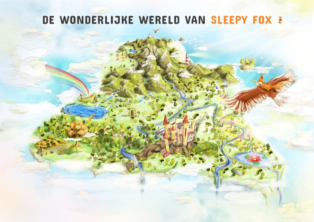 De wereld van Sleepy Fox: een getekende kaart met bergen, een kasteel, bossen en een meer