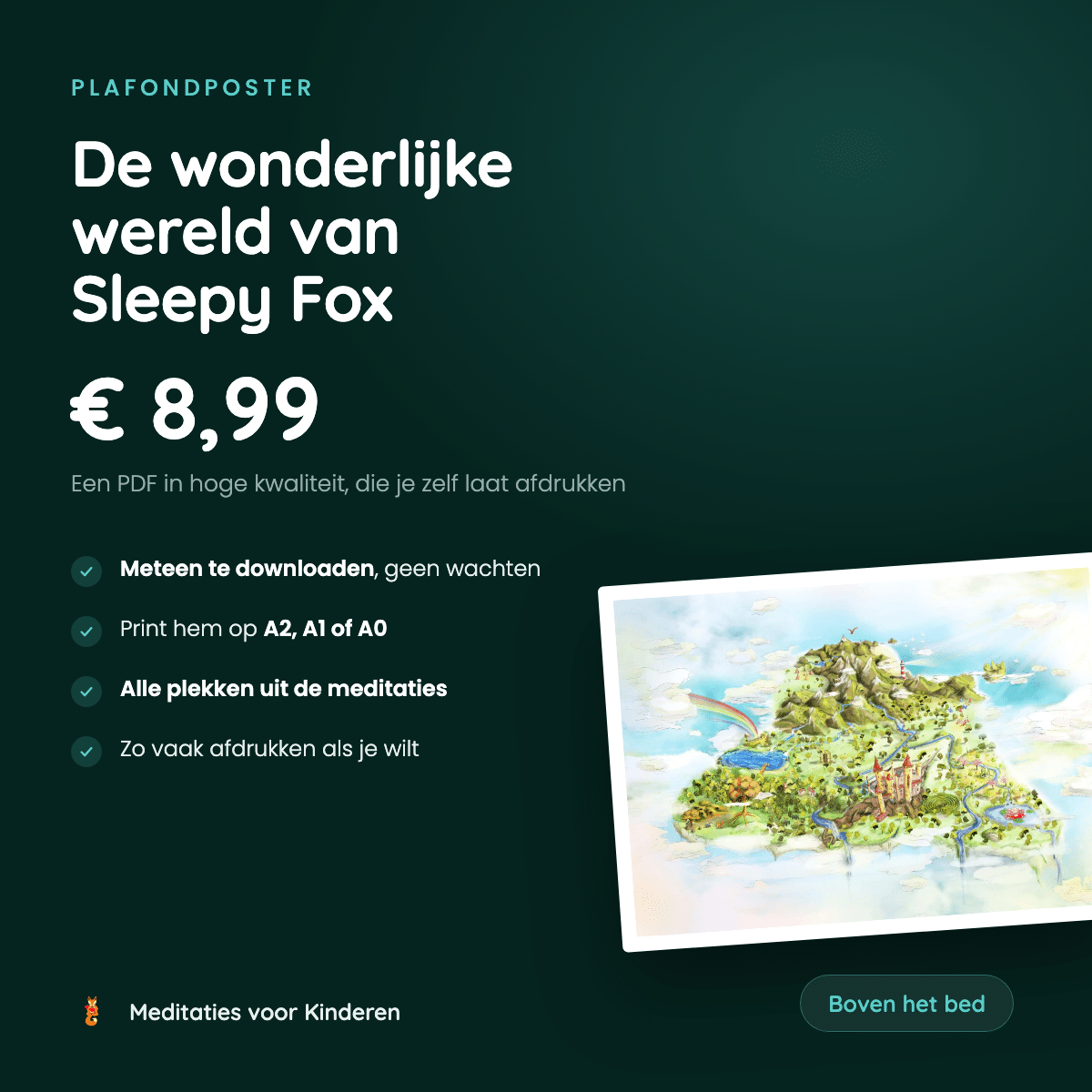 De wonderlijke wereld van Sleepy Fox, de posterillustratie met het kasteel, de rivier en de oude boom