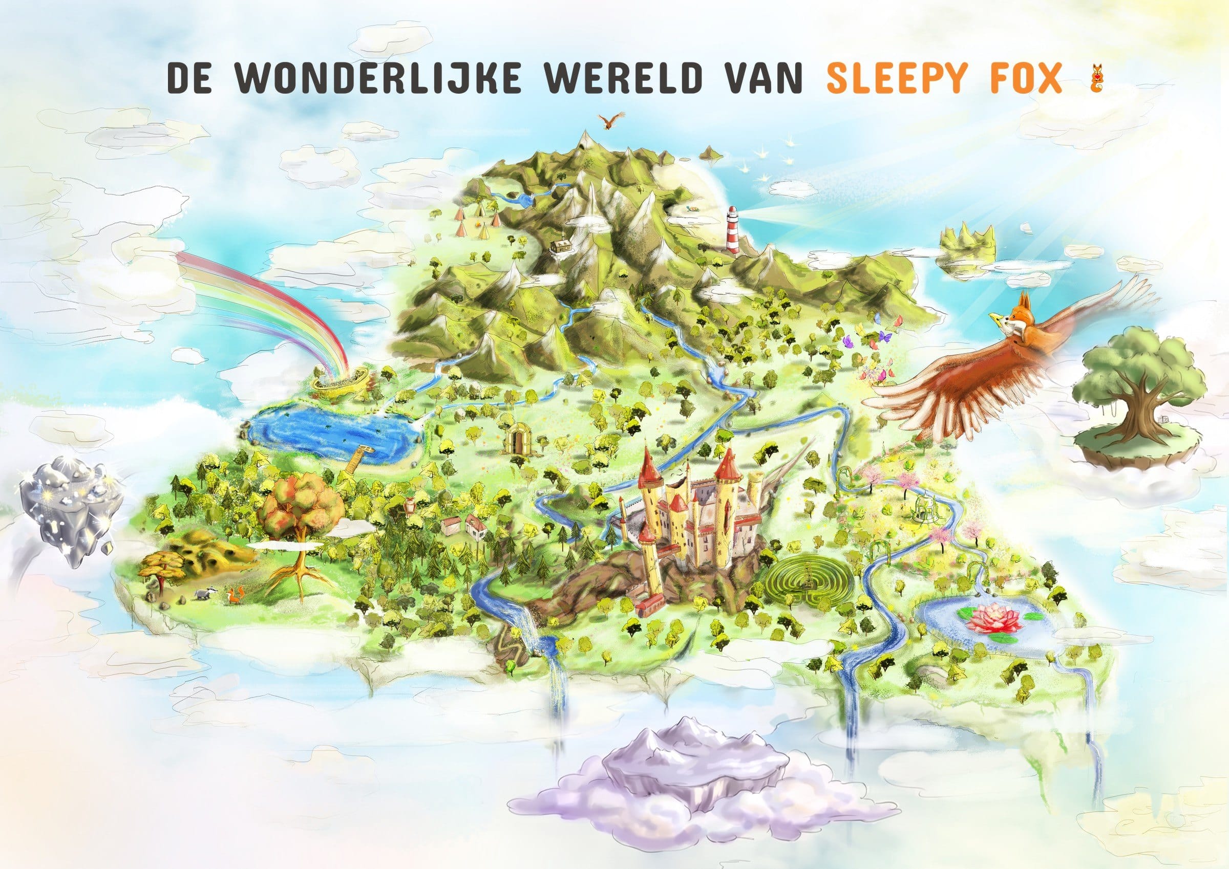 De wonderlijke wereld van Sleepy Fox: een eiland met bergen, een kasteel, een meer en een doolhof, met drie kleine eilandjes in de wolken